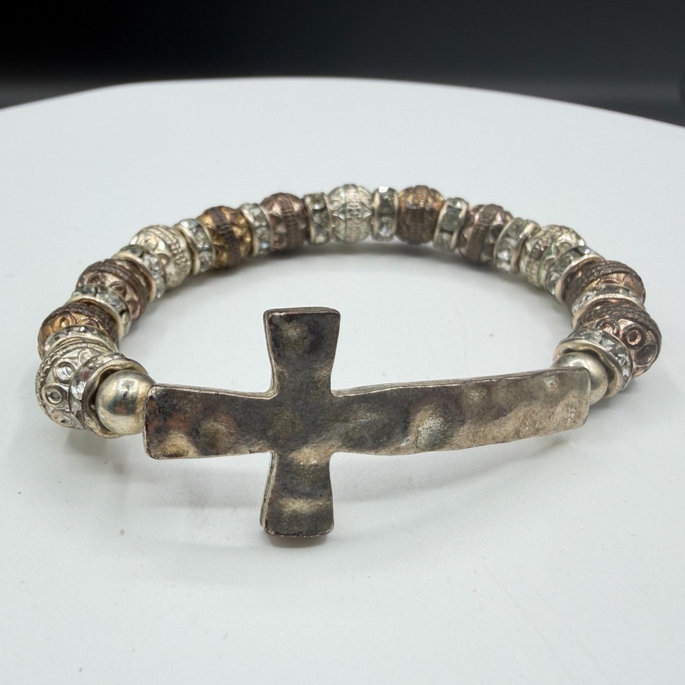 Hammered Cross Stretch Bracelet Two Tone Rhinestone Beaded Boho Christian Gift